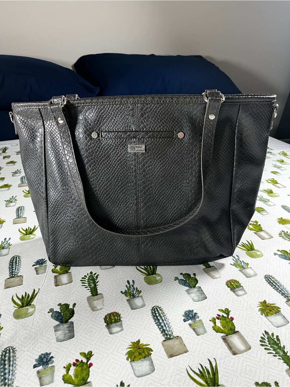 Jewell by Thirty-One Gray Faux Snakeskin Style Tote Double Handles EUC